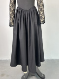 Autumn Women Square Neck Lace Long Sleeve High Waisted Solid Color Midi Dress