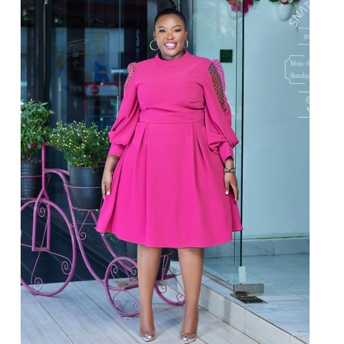 Autumn and winter plus size women's polka dot mesh see-through lantern sleeve plus size dress