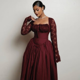 Autumn Women Square Neck Lace Long Sleeve High Waisted Solid Color Midi Dress