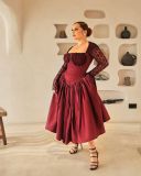 Autumn Women Square Neck Lace Long Sleeve High Waisted Solid Color Midi Dress