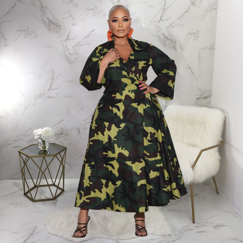Autumn and winter plus size women's casual print maxi dress