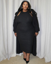 Autumn and winter plus size women's casual solid color long-sleeved jacket dress two-piece set