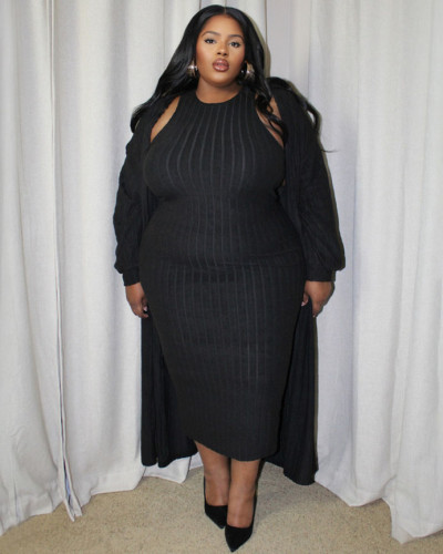 Autumn and winter plus size women's casual solid color long-sleeved jacket dress two-piece set
