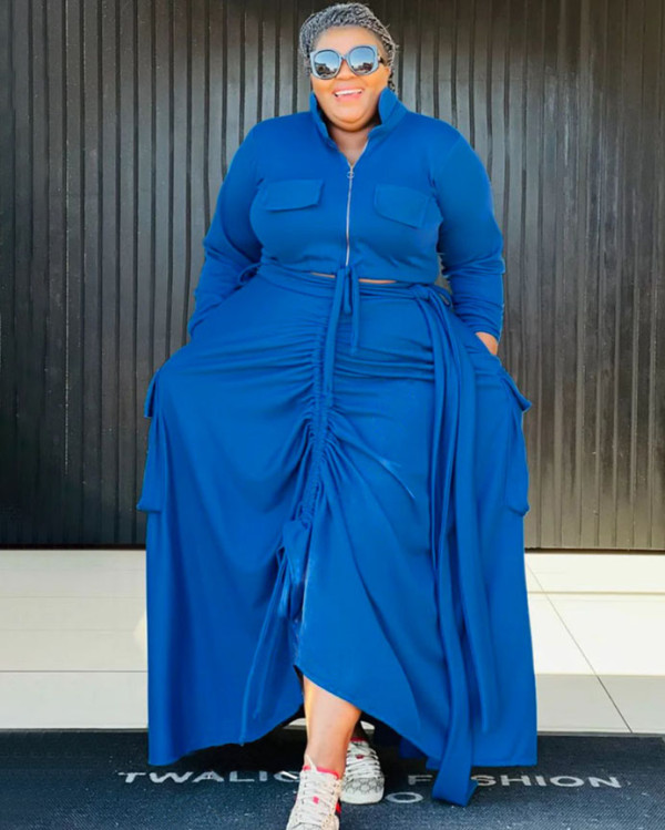 Autumn and winter plus size women's casual solid color two-piece maxi skirt set
