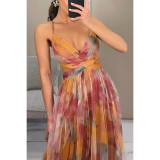 Autumn Mesh Printed Straps Holiday Casual Long Party Dress