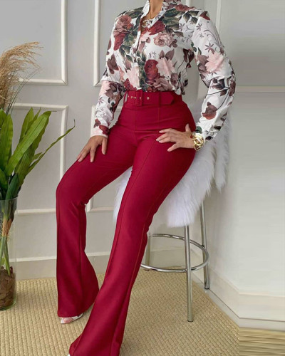 Autumn Women Printed Long Sleeve Blouse Wide Legs Pants Two-piece Set with Belt