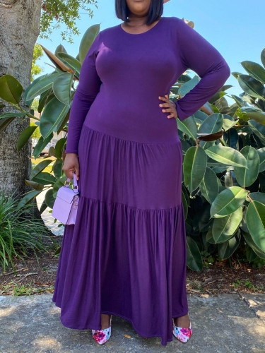 Autumn and winter plus size women's casual solid color long maxi dress