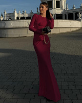 Women elegant long sleeve flower high waist slim dress for women