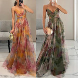 Autumn Mesh Printed Straps Holiday Casual Long Party Dress