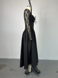 Autumn Women Square Neck Lace Long Sleeve High Waisted Solid Color Midi Dress