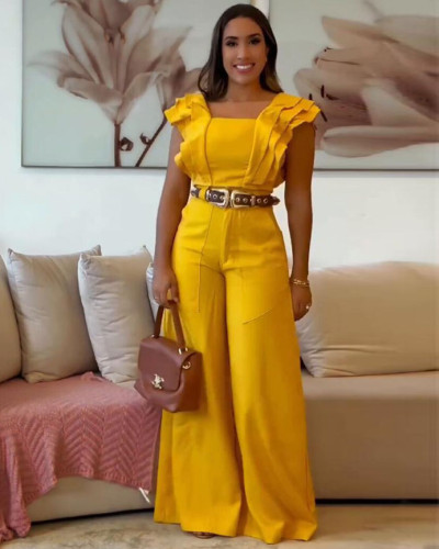 Autumn ruffled short-sleeved top high-waist wide-leg pants two-piece set
