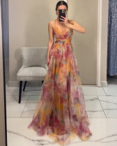 Autumn Mesh Printed Straps Holiday Casual Long Party Dress
