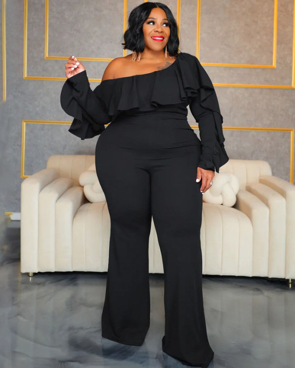 Autumn winter plus size women's clothing solid color sexy loose off-shoulder jumpsuit