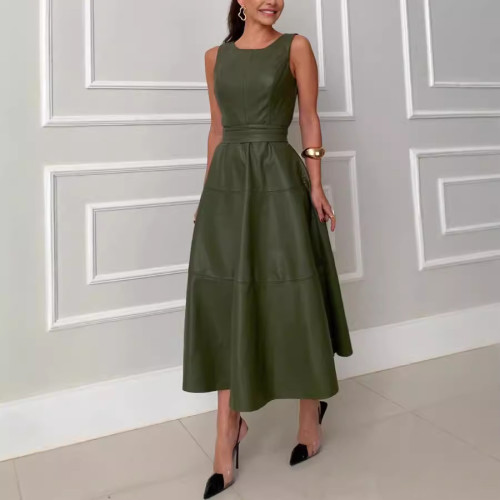 Autumn women PU leather green sleeveless maxi dress