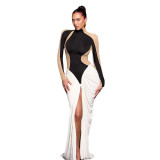 Autumn women's turtleneck long sleeve contrast color pleated long evening dress