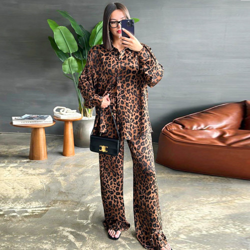 Autumn women's long-sleeved leopard print blouse wide-leg pants two-piece set