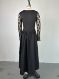 Autumn Women Square Neck Lace Long Sleeve High Waisted Solid Color Midi Dress
