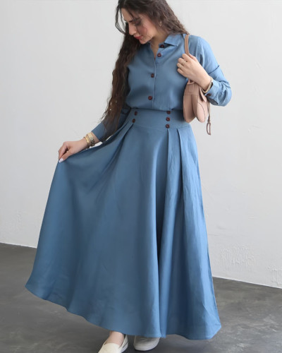 Autumn Linen Solid Color Loose Long Sleeve Blouse Maxi Skirt Two-piece Set