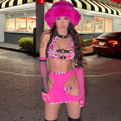 Black and pink color matching hollow halter neck sexy see-through short skirt three-piece suit