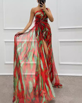 Women print one shoulder side slit long evening dress
