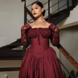Autumn Women Square Neck Lace Long Sleeve High Waisted Solid Color Midi Dress