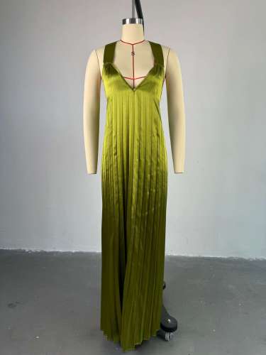 Women halter V-neck open back pleated oversized long maxi dress