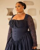 Autumn Women Square Neck Lace Long Sleeve High Waisted Solid Color Midi Dress