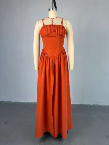 Women solid color high waist slit straps long maxi dress