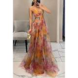 Autumn Mesh Printed Straps Holiday Casual Long Party Dress