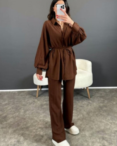 Autumn Bubble Long Sleeve Loose Blouse Straight Pants Two Piece Set