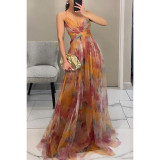 Autumn Mesh Printed Straps Holiday Casual Long Party Dress