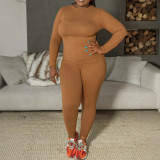 Autumn and winter plus size women's casual solid color tight shirt pants set