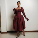 Autumn Women Square Neck Lace Long Sleeve High Waisted Solid Color Midi Dress
