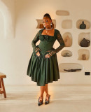 Autumn Women Square Neck Lace Long Sleeve High Waisted Solid Color Midi Dress