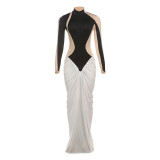 Autumn women's turtleneck long sleeve contrast color pleated long evening dress