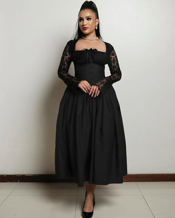 Autumn Women Square Neck Lace Long Sleeve High Waisted Solid Color Midi Dress