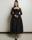 Autumn Women Square Neck Lace Long Sleeve High Waisted Solid Color Midi Dress