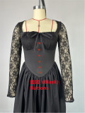 Autumn Women Square Neck Lace Long Sleeve High Waisted Solid Color Midi Dress