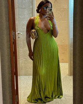 Women halter V-neck open back pleated oversized long maxi dress