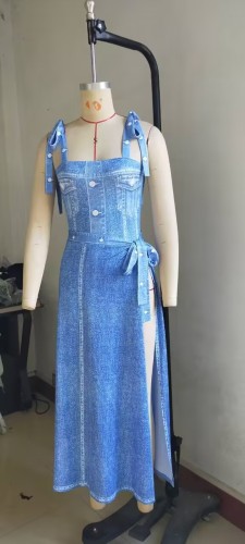 Sexy blue print bodysuit with printed skirt two-piece set