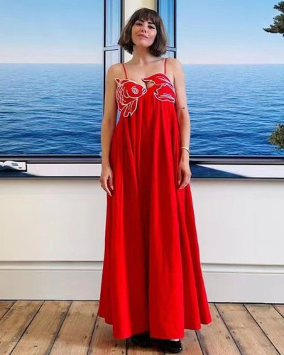 Fish Shaped 3D Embroidered Pleated Red Maxi Dress