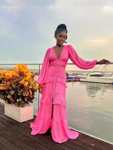 Elegant  hollow out long sleeve V-neck  women's long dress