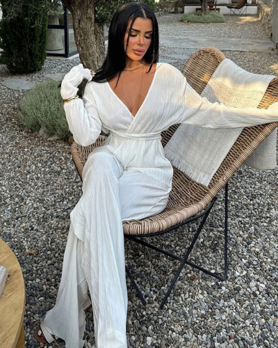 Women's V-neck long-sleeved top + pants casual two-piece set