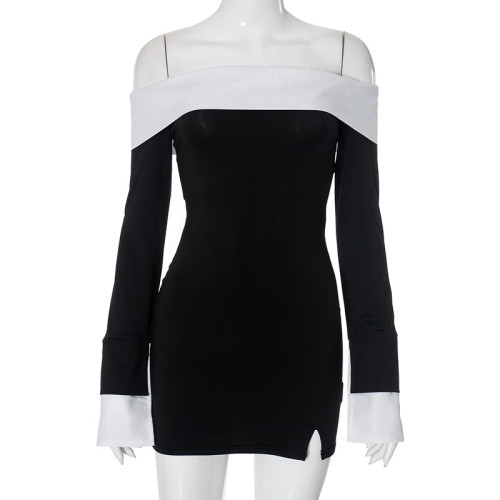 Women's contrast color off-shoulder long-sleeved sexy short dress wholesale
