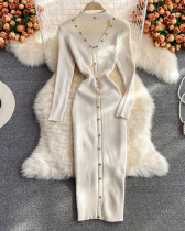 Long-sleeved halter neck V-neck stretch knitted dress Winter tight long dress