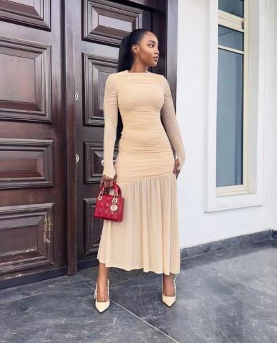 Elegant ladies round neck long sleeves slim fit pleated solid color long dress
