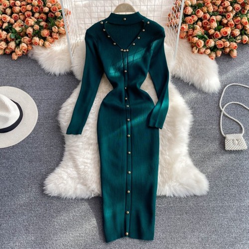 Long-sleeved halter neck V-neck stretch knitted dress Winter tight long dress