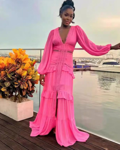 Elegant  hollow out long sleeve V-neck  women's long dress