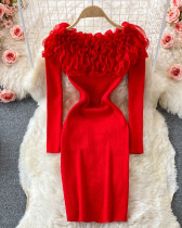 Off-shoulder long-sleeved sweater dress autumn and winter tight elastic knitted dress