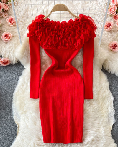 Off-shoulder long-sleeved sweater dress autumn and winter tight elastic knitted dress